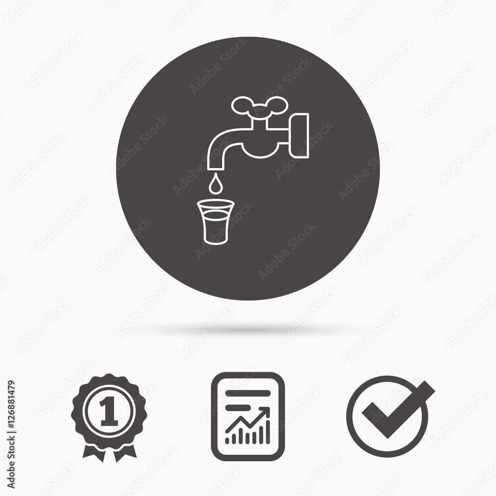 Poster save water icon. crane or faucet with drop sign. report document, winner award and tick. round circl