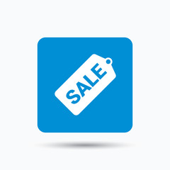 Sale coupon icon. Special offer tag symbol. Blue square button with flat web icon. Vector