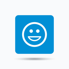 Happy smile icon. Smiley laugh emoticon symbol. Blue square button with flat web icon. Vector