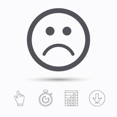 Sad smiley icon. Bad feedback symbol. Stopwatch timer. Hand click, report chart and download arrow. Linear icons. Vector