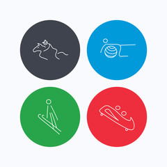 Pilates, bobsled and horseback riding icons. Ski jumping linear sign. Linear icons on colored buttons. Flat web symbols. Vector