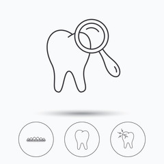 Tooth, dental braces and toothache icons. Dental diagnostics linear sign. Linear icons in circle buttons. Flat web symbols. Vector