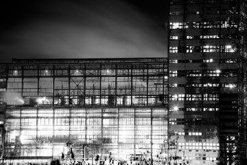 Petrochemical plant in night. Long exposure, monochrome photography