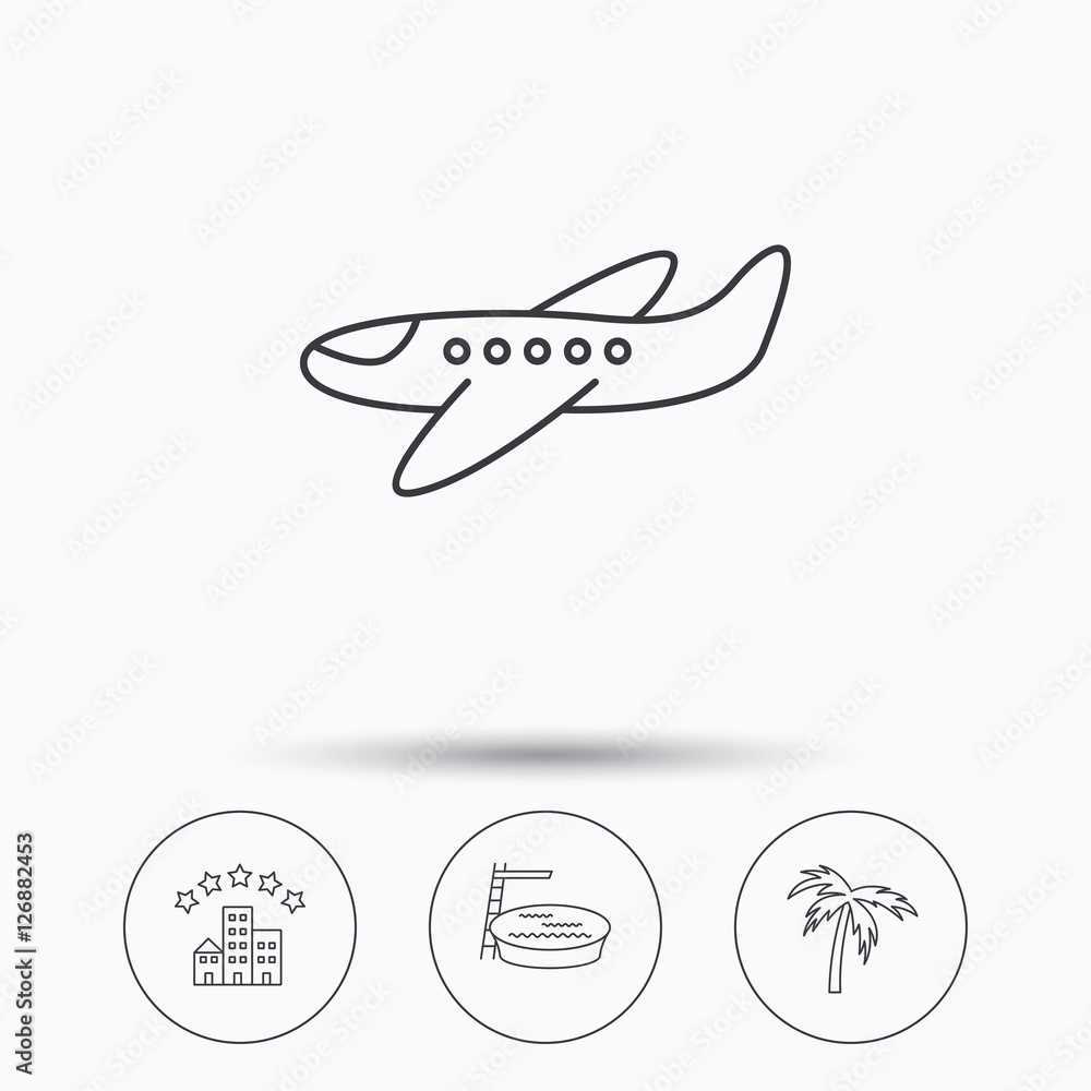 Poster swimming pool, airplane and palm tree icons. hotel linear sign. linear icons in circle buttons. flat