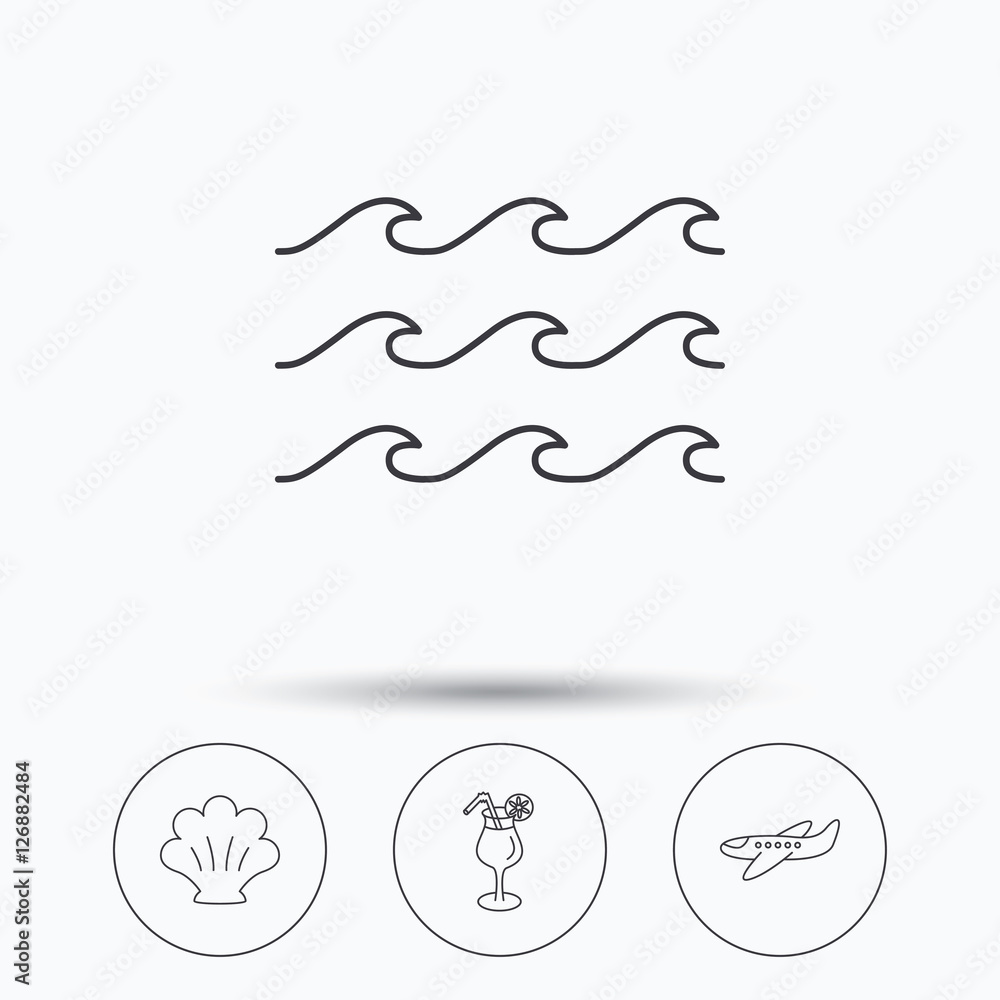 Aufkleber shell, waves and cocktail icons. airplane linear sign. linear icons in circle buttons. flat web symb