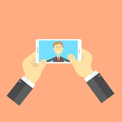 Businessman makes selfie. Vector illustration .