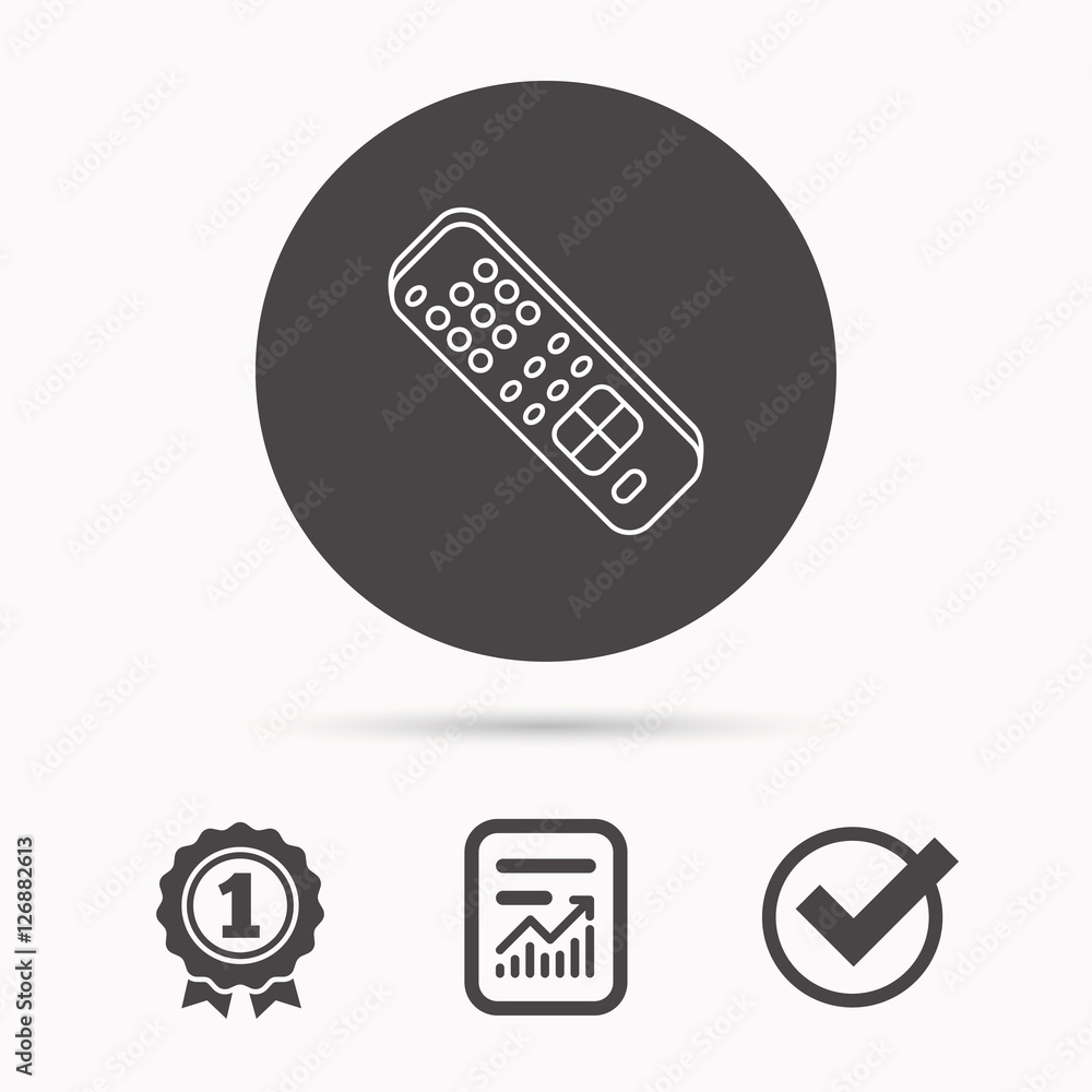 Poster remote control icon. tv switching channels sign. report document, winner award and tick. round circl