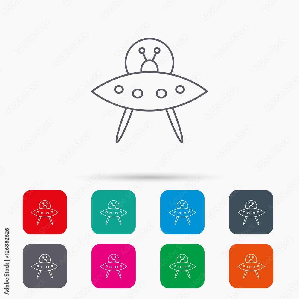 Poster ufo icon. unknown flying object sign. martians symbol. linear icons in squares on white background. 