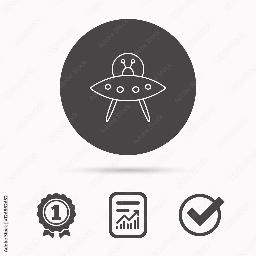 Poster ufo icon. unknown flying object sign. martians symbol. report document, winner award and tick. round