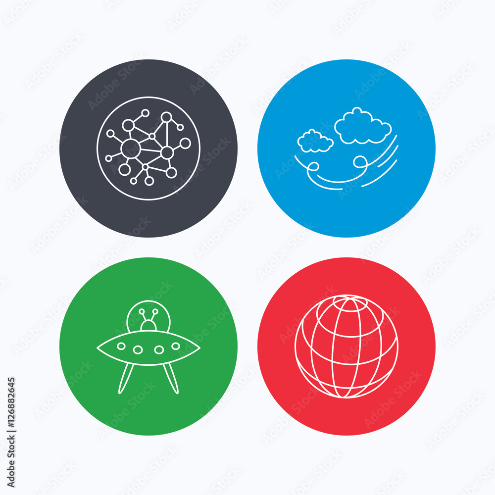 Poster ufo, planet and global network icons. wind linear sign. linear icons on colored buttons. flat web sy