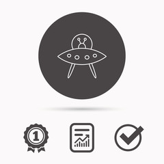 UFO icon. Unknown flying object sign. Martians symbol. Report document, winner award and tick. Round circle button with icon. Vector