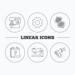 Coffee maker, sewing machine and hairdryer icons. Waffle-iron linear sign. Flat cogwheel and calendar symbols. Linear icons in circle buttons. Vector