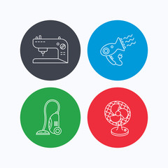 Fototapeta premium Ventilator, sewing machine and hairdryer icons. Ventilator linear sign. Linear icons on colored buttons. Flat web symbols. Vector