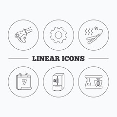 Curling iron, hair dryer and blender icons. American style fridge linear sign. Flat cogwheel and calendar symbols. Linear icons in circle buttons. Vector