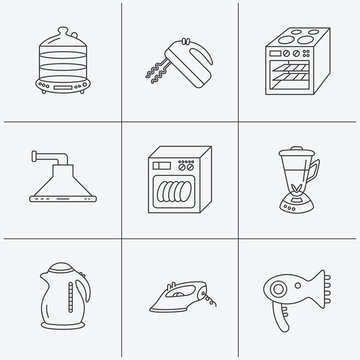 Dishwasher, kettle and mixer icons. Oven, steamer and iron linear signs. Hair dryer, blender and kitchen hood icons. Linear icons on white background. Vector
