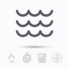 Wave icon. Water stream symbol. Stopwatch timer. Hand click, report chart and download arrow. Linear icons. Vector