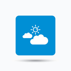 Cloud with sun icon. Sunny weather symbol. Blue square button with flat web icon. Vector