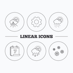 Snowflakes, sun and rain icons. Wind linear sign. Flat cogwheel and calendar symbols. Linear icons in circle buttons. Vector