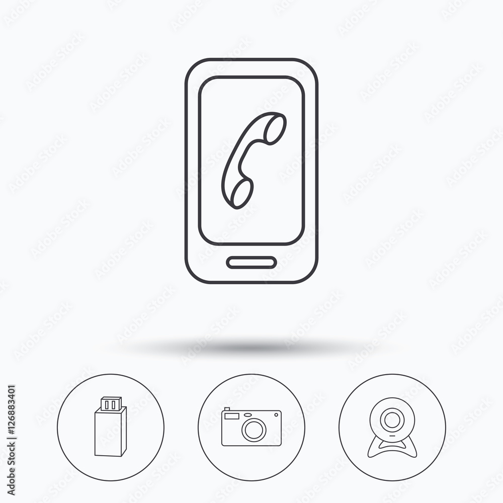 Poster photo camera, mobile phone and usb flash icons. web camera linear sign. linear icons in circle butto