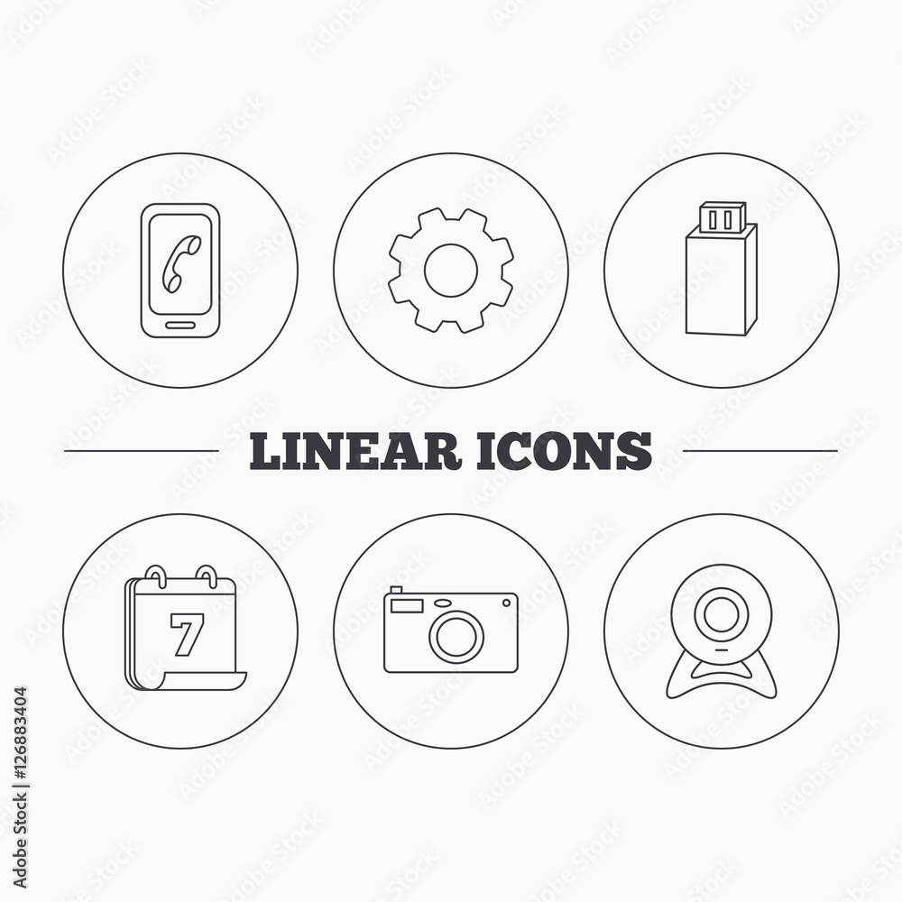 Poster photo camera, mobile phone and usb flash icons. web camera linear sign. flat cogwheel and calendar s
