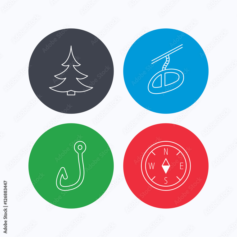 Poster fishing hook, teleferic and compass icons. christmas tree linear sign. linear icons on colored butto