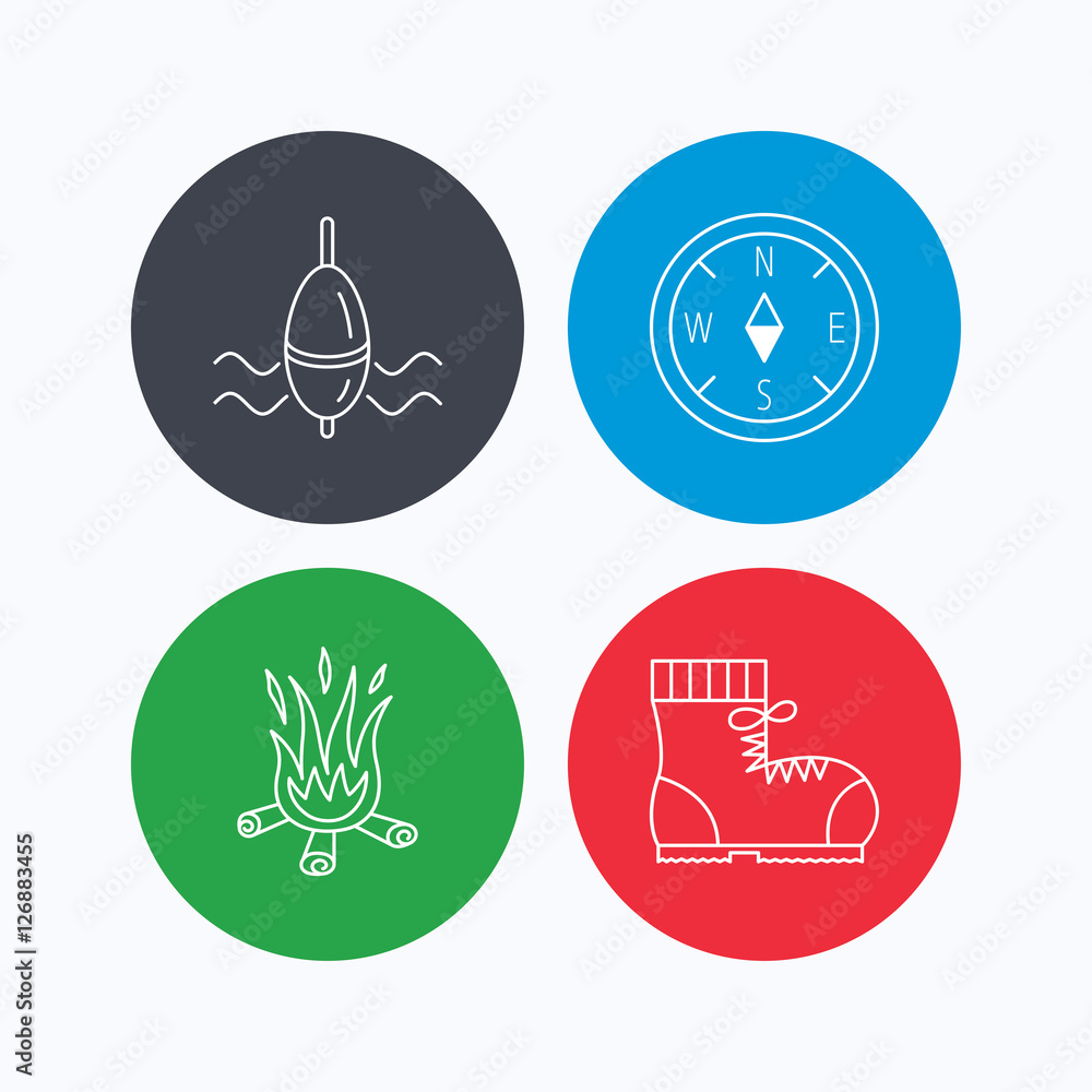 Poster bonfire, fishing float and hiking boots icons. compass linear sign. linear icons on colored buttons.