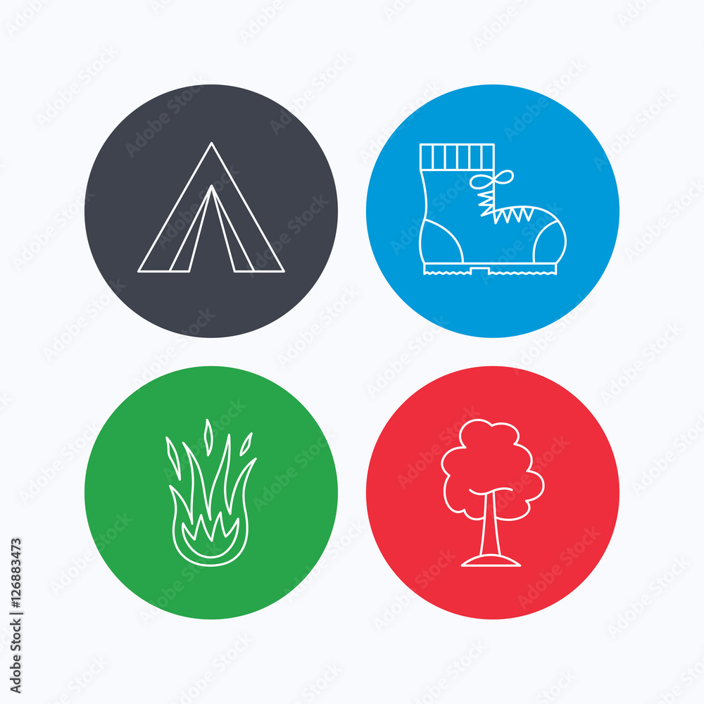 Poster maple tree, camping tent and hiking boots. fire flame linear sign. linear icons on colored buttons. 