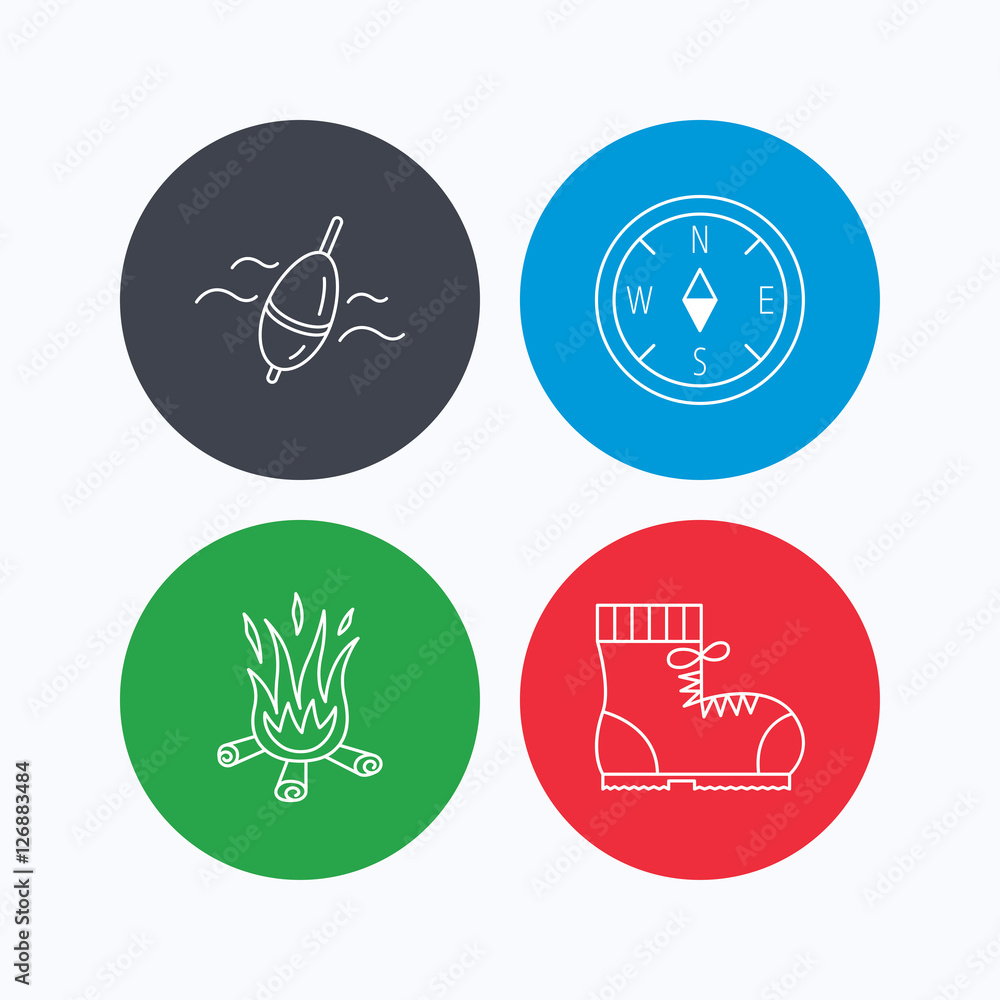 Poster bonfire, fishing float and hiking boots icons. compass linear sign. linear icons on colored buttons.