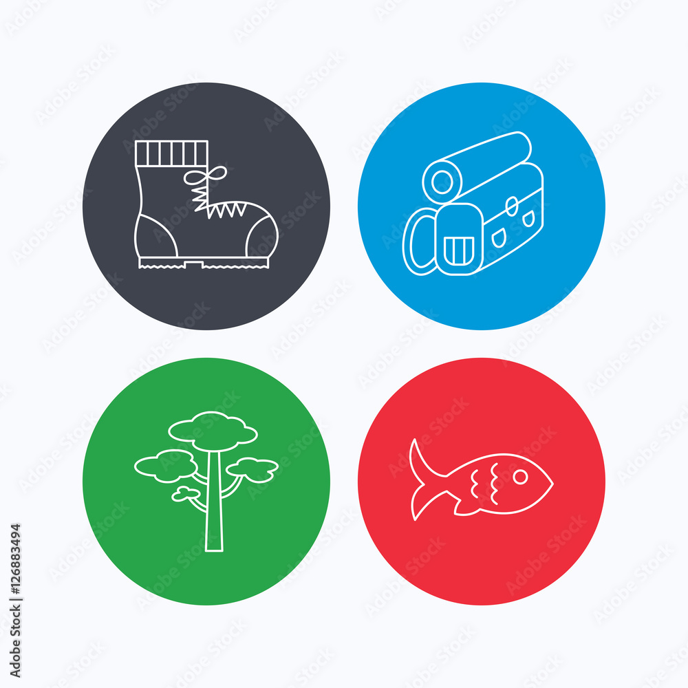 Poster pine tree, fish and hiking boots icons. bonfire linear sign. linear icons on colored buttons. flat w