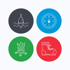 Bonfire, fishing float and hiking boots icons. Compass linear sign. Linear icons on colored buttons. Flat web symbols. Vector