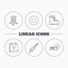 Bonfire, umbrella and hiking boots icons. Park linear sign. Flat cogwheel and calendar symbols. Linear icons in circle buttons. Vector