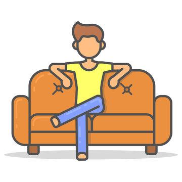 Man watching a sports match on couch in room flat style. Vector character on sofa line illustration.