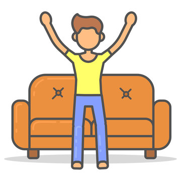 Man stand next to the couch in room flat style. Vector character near sofa line illustration.