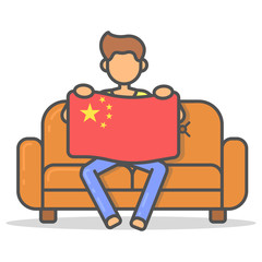 Man sitting with the flag China on couch in room flat style. Vector character country banner on sofa line illustration.