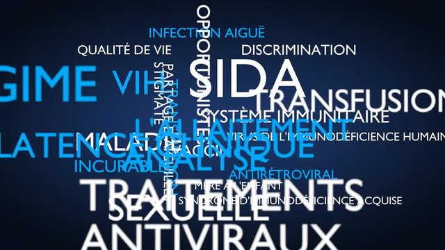 AIDS, HIV word tag cloud - blue, French variant, 3D rendering, UHD