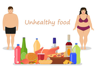 Vector cartoon female male obesity. Unhealthy food