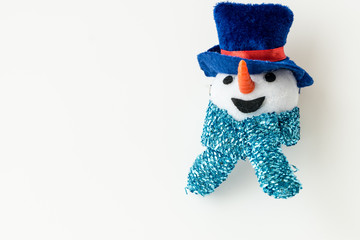 Snowman wearing hat and scarf with copy space
