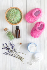 Natural organic cosmetics for baby with lavender on wooden background