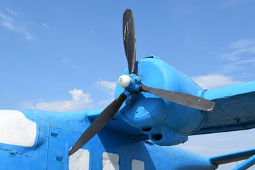 Blue rotary-wing aircraft on the hill. Open-air museum