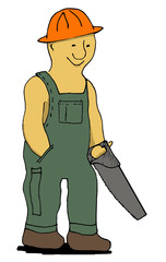 Man with saw and hard hat. Cartoon character handyman.