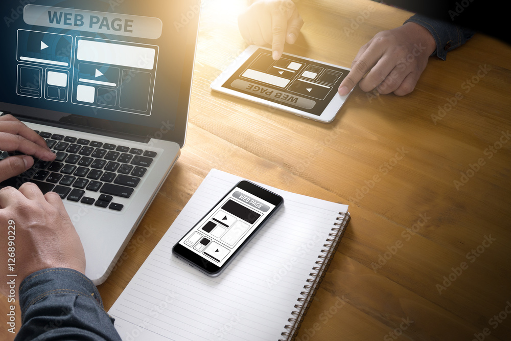 Poster web design template and web page closeup shot of laptop with di