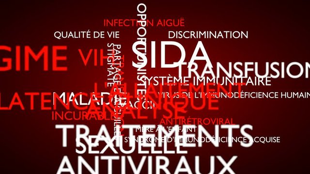 AIDS, HIV word tag cloud - red, French variant, 3D rendering, UHD