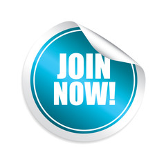 Join now blue sticker, button, label and sign.