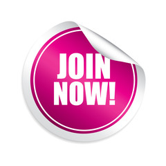 Join now pink sticker, button, label and sign.