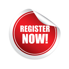 Register now red sticker, button, label and sign.