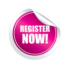 Register now pink sticker, button, label and sign.