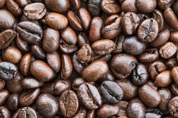  Top view Roasted coffee beans on white