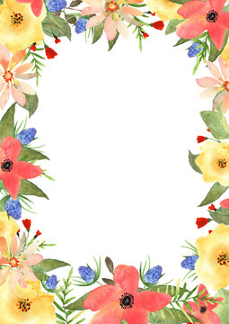 Floral greeting card. Frame for your text with flowers in waterc