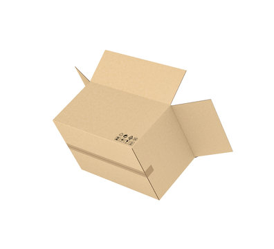 Rendering of opened light beige cardboard mail box, isolated on the white background