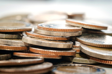 Currency coins, close up Thai baht coins of 5 and 10 baht.